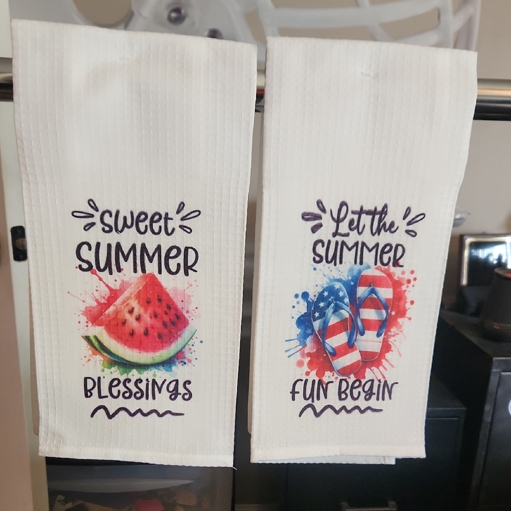 Summer Fun Kitchen Towels.  Hand Crafted.  NWT